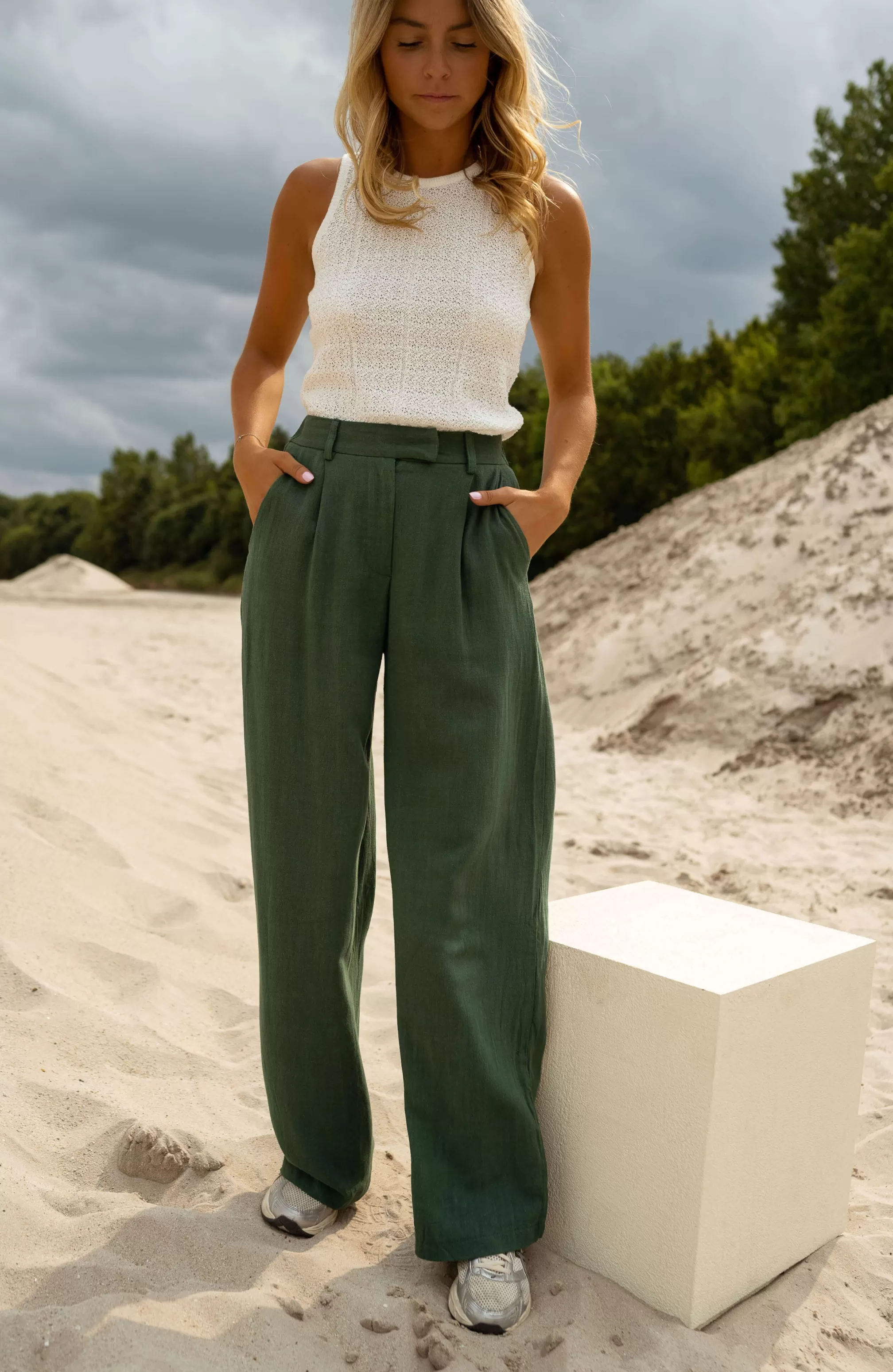 Pants Joey - Forest Green - Linen - -Easy Clothes Flash Sale